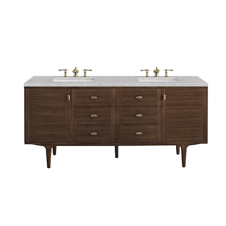 James Martin Vanities Amberly 72in Double Vanity, Mid-Century Walnut w/ 3 CM Eternal Jasmine Pearl Top 670-V72-WLT-3EJP